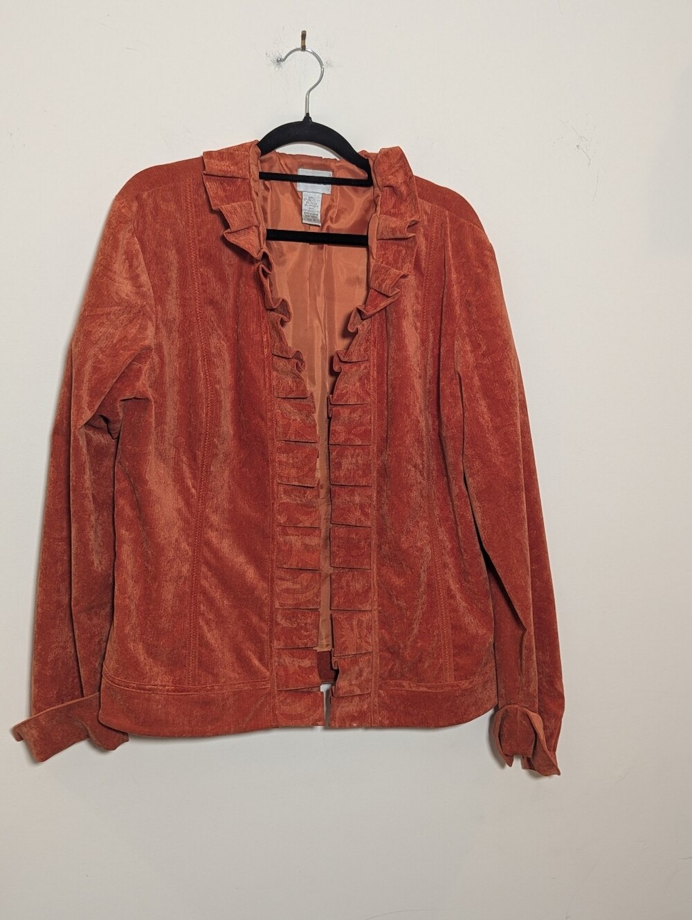 Chico’s Keily Velvety Corduroy Ruffle-Trim Jacket Burnt Orange Women’s Size 2 Lg